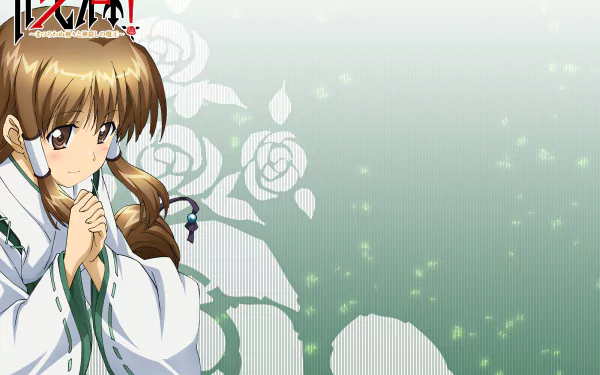 Yuri Mariya from the anime Campione! in a serene pose with a soft green background featuring white roses, displayed as an HD PC desktop wallpaper.