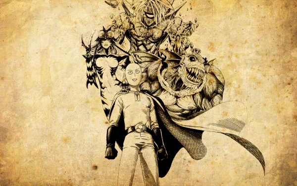 HD PC desktop wallpaper featuring Saitama from One-Punch Man, surrounded by key anime characters in a detailed, vintage-style illustration.