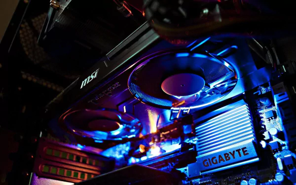 HD PC interior showing MSI GPU and Gigabyte motherboard with RGB-lit cooling fan and components, technology desktop wallpaper.