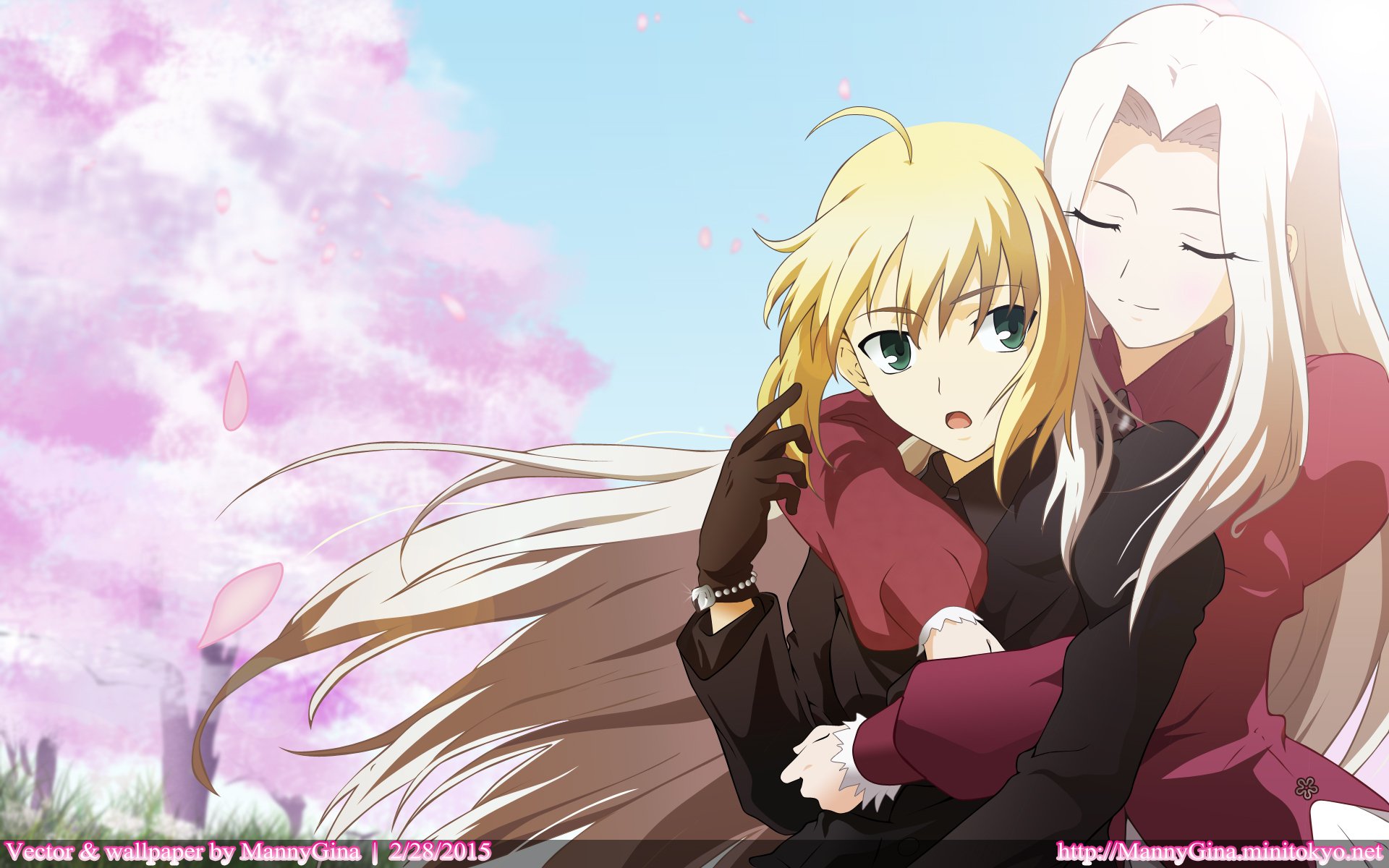 Anime HD desktop wallpaper from Fate/Zero featuring two characters embracing under a blue sky with cherry blossom petals floating around.