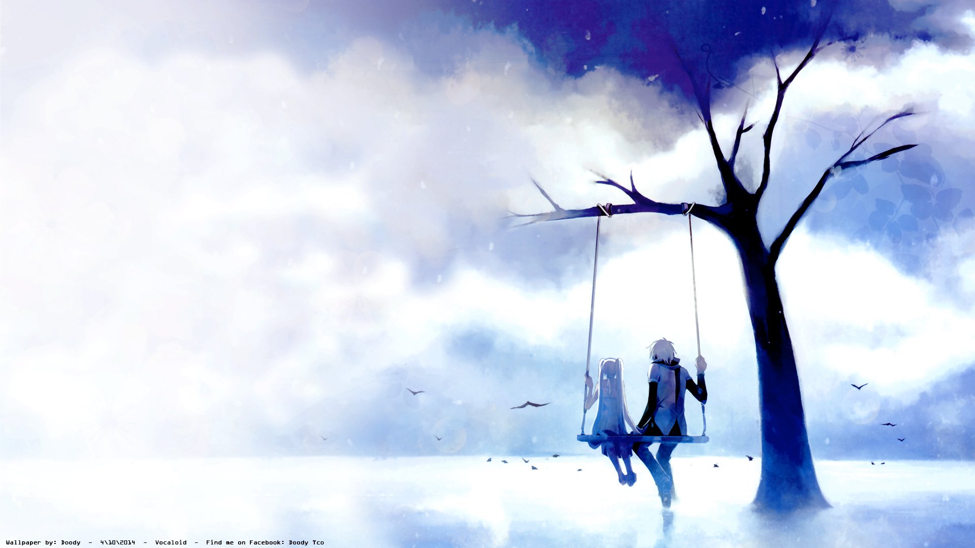 HD PC desktop wallpaper featuring anime-style Vocaloid characters Kaito and Hatsune Miku sitting on a swing hanging from a bare tree under a cloudy sky.