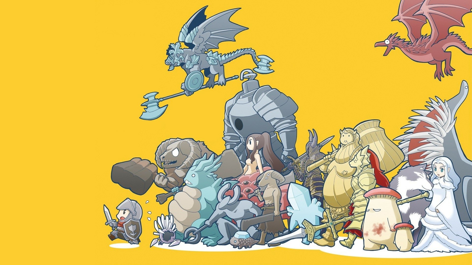 A vibrant HD desktop wallpaper featuring iconic characters and creatures from Dark Souls, set against a bright yellow background, showcasing the game's unique art style.