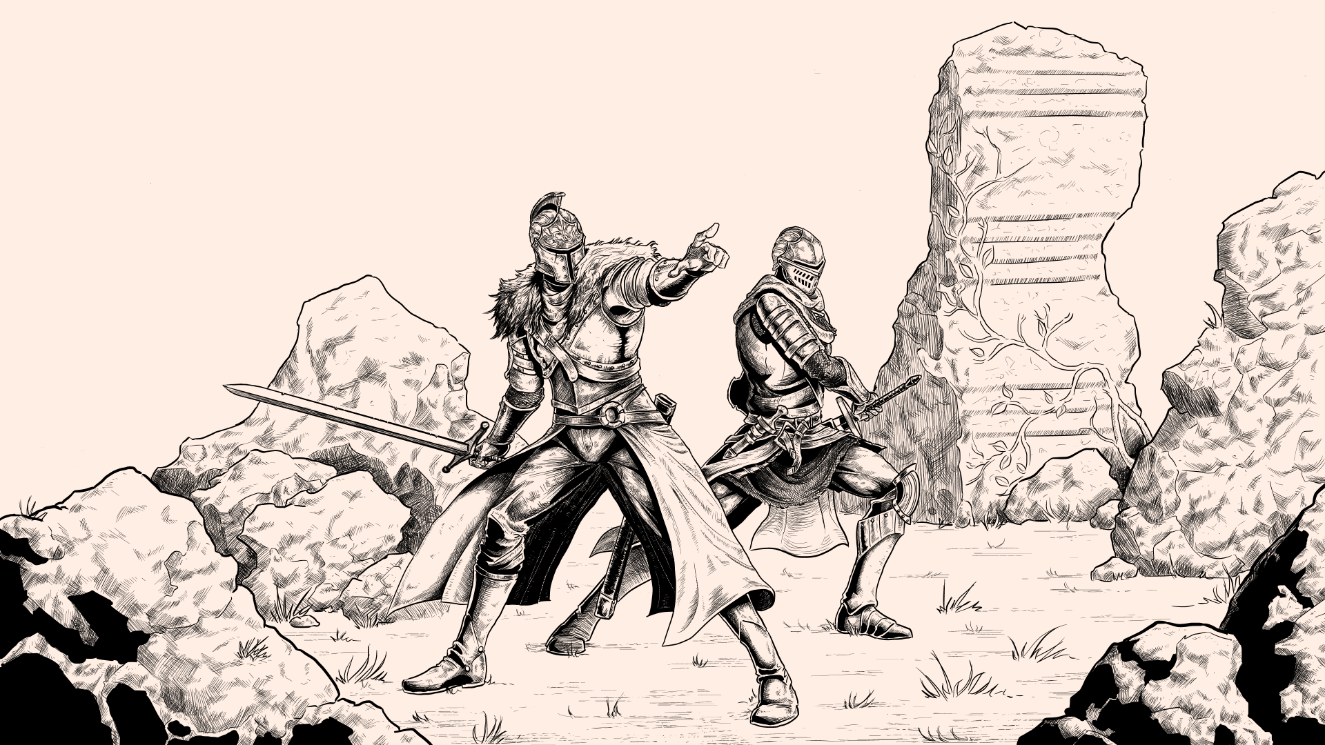 Sketch-style 4K Ultra HD PC wallpaper featuring two armored knights in combat, inspired by the Dark Souls II video game universe.