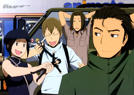 HD anime wallpaper featuring key characters from Durarara!! in a lively urban setting, designed for PC desktops.