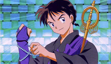 A vibrant HD PC desktop wallpaper featuring a character from InuYasha, showcasing a young man in a black outfit holding a string of beads and a ceremonial staff against a colorful backdrop.