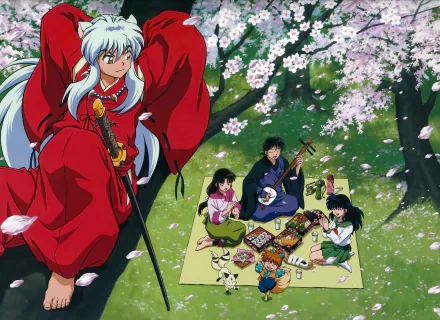 InuYasha and friends enjoy a picnic under blooming cherry blossoms, captured in vibrant HD. This enchanting anime wallpaper showcases their joyful moments together.