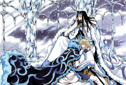 Tsubasa: Reservoir Chronicle anime 5K UHD PC wallpaper — two cloaked characters in an icy crystalline throne hall; one seated regally, the other resting at their feet.