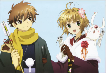 Anime-style 4K Ultra HD desktop wallpaper featuring characters from Tsubasa: Reservoir Chronicle with bright expressions and detailed outfits against a clear sky background.