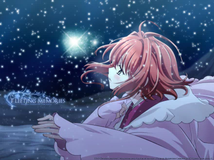 HD anime desktop wallpaper featuring a character from Tsubasa: Reservoir Chronicle reaching out under a starry night sky with glowing snowflakes.