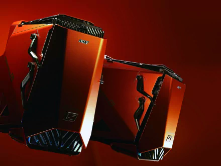 A vibrant HD desktop wallpaper featuring an Acer computer tower with a sleek, futuristic design against a deep red background.