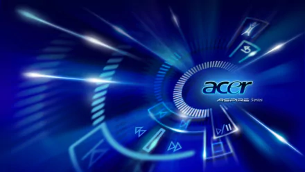 A dynamic HD desktop wallpaper featuring Acer branding with futuristic blue technology-themed graphics and digital icons.