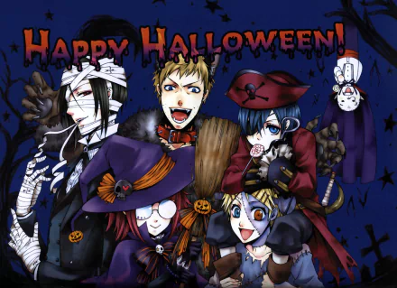 A Halloween-themed HD desktop wallpaper featuring characters Tanaka, Finnian, Mey Rin, Baldroy, Sebastian Michaelis, and Ciel Phantomhive from the anime Black Butler.