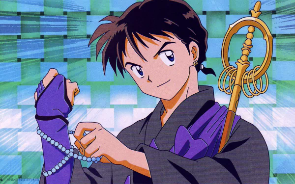 A vibrant HD PC desktop wallpaper featuring a character from InuYasha, showcasing a young man in a black outfit holding a string of beads and a ceremonial staff against a colorful backdrop.
