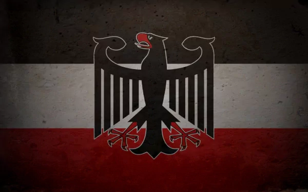 An HD desktop wallpaper featuring the flag of Germany, showcasing a bold black eagle centered on a textured background of black, red, and gold colors.