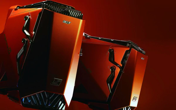 A vibrant HD desktop wallpaper featuring an Acer computer tower with a sleek, futuristic design against a deep red background.