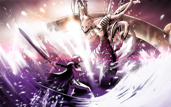 A dynamic HD wallpaper featuring Clare from the anime Claymore in an intense battle against a monstrous foe, surrounded by dramatic splashes of water and energy.