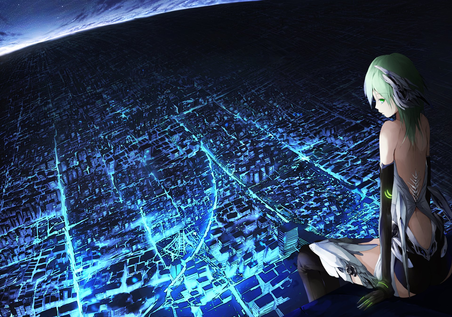 A captivating HD anime wallpaper featuring a character overlooking a vibrant, illuminated cityscape, creating a striking contrast against the dark backdrop of space.