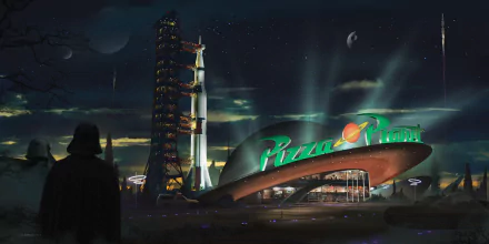 HD desktop wallpaper featuring a Star Wars and Toy Story crossover with Darth Vader, a stormtrooper, the Death Star, a rocket, and the Pizza Planet diner under a dark sky.