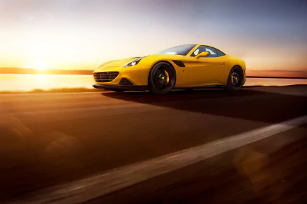 Yellow Novitec Rosso–tuned Ferrari California T at sunset — 4K Ultra HD PC desktop wallpaper/background showing a sleek performance vehicle.