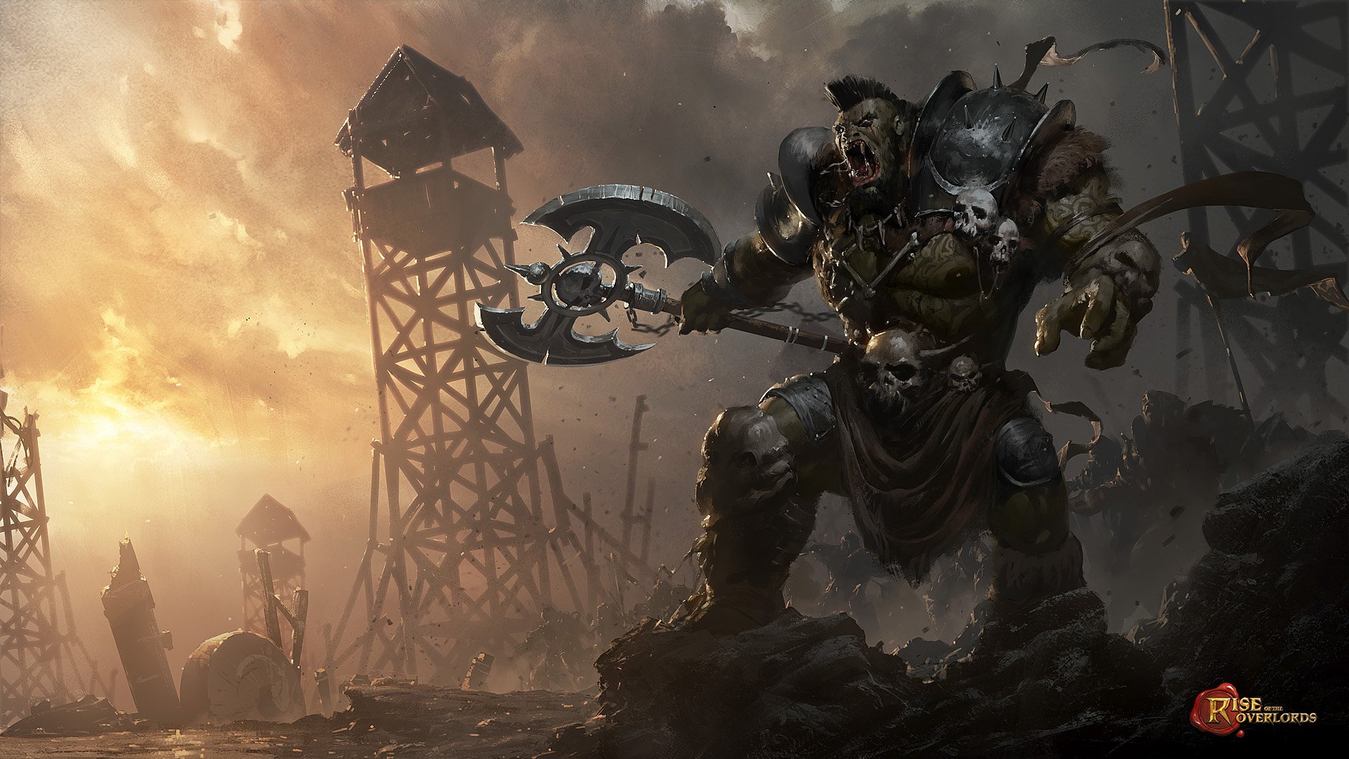 HD desktop wallpaper from the video game Rise Of The Overlords featuring a fierce orc wielding a large axe against a smoky sky and wooden watchtowers.