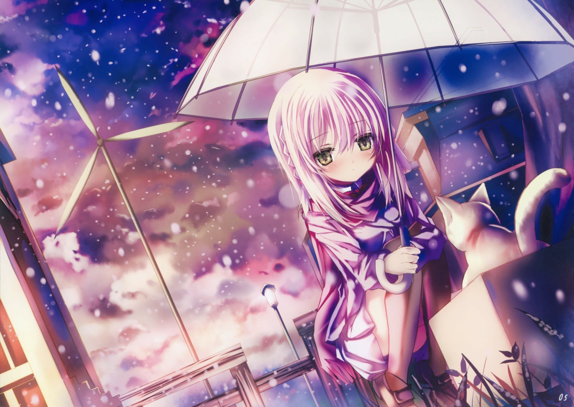 Anime-style cat girl with pink hair holds an umbrella in a snowy landscape, surrounded by falling snowflakes and a wind turbine in the background. 4K Ultra HD desktop wallpaper.