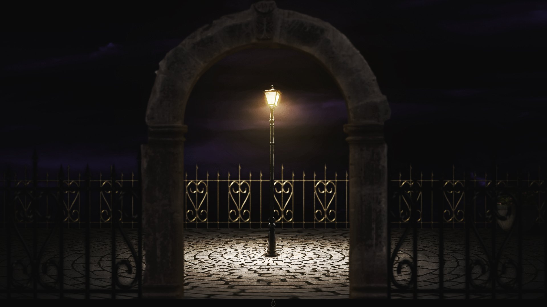 Chrono Trigger HD PC desktop wallpaper — a lone lamppost glowing beneath a stone arch on a circular cobblestone plaza, framed by ornate iron fencing against a dark night sky.