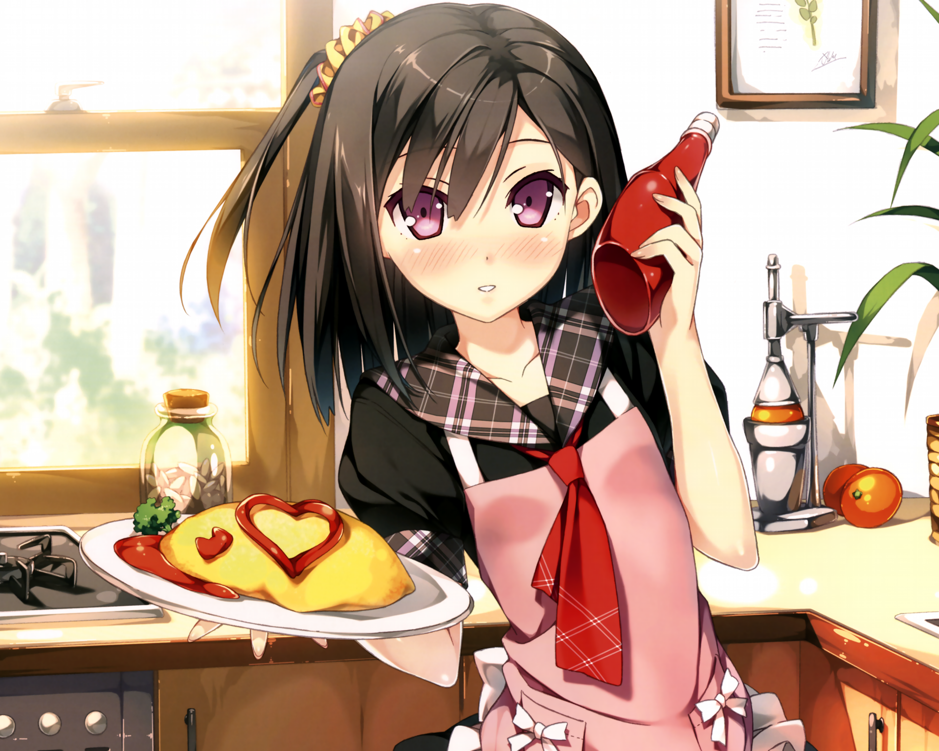 HD PC desktop wallpaper featuring an original anime character from 5 Nenme no Houkago, holding a ketchup bottle and a plate with heart-decorated omelette.