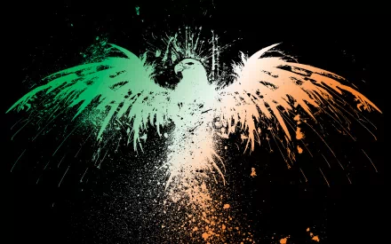 HD desktop wallpaper featuring an abstract eagle with wings spread wide, rendered in green, white, and orange splashes on a black background.