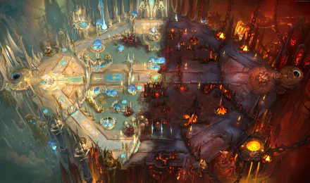 4K Ultra HD PC wallpaper of a video game map from Heroes of the Storm split into Good vs. Evil: luminous blue-gold citadel left and fiery red-brown hellscape right, top-down battlefield.