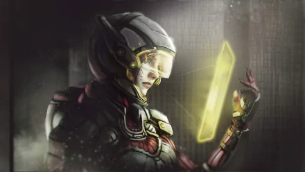A sci-fi cyborg in sleek armor interacts with a glowing yellow interface, set against a futuristic backdrop. This high-definition image serves as an atmospheric desktop wallpaper.
