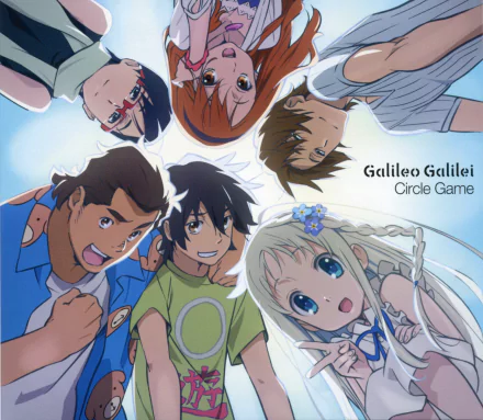HD anime wallpaper from Anohana featuring the main characters in a circular group pose, looking down towards the viewer with bright blue sky in the background.