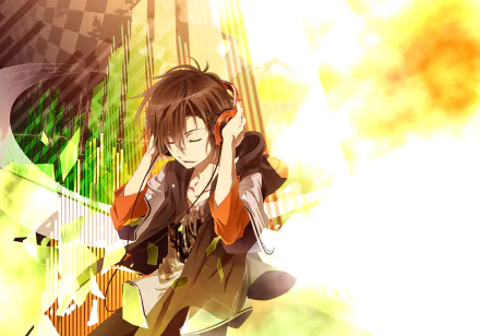 A vibrant HD desktop wallpaper featuring Yoshino Takigawa from Zetsuen no Tempest, wearing headphones and immersed in music against a dynamic yellow and green background.