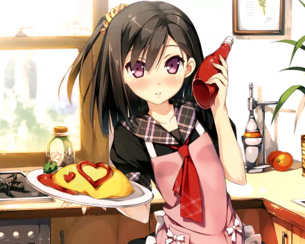 HD PC desktop wallpaper featuring an original anime character from 5 Nenme no Houkago, holding a ketchup bottle and a plate with heart-decorated omelette.