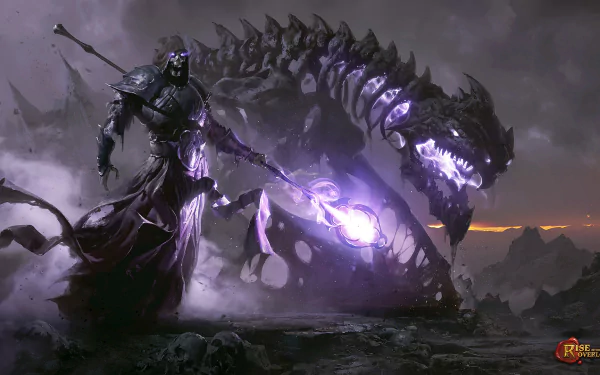 A powerful undead sorcerer wields a glowing staff beside a skeletal dragon, embodying a dark magic theme from the game Rise of the Overlords in this stunning HD wallpaper.