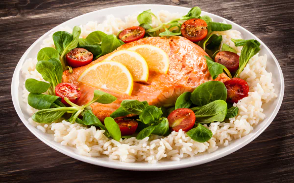 salmon salad rice tomato fish food meal HD Desktop Wallpaper | Background Image