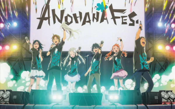 HD PC desktop wallpaper featuring a vibrant Anime scene from Anohana, showcasing six characters performing energetically on stage during Anohana Fes.