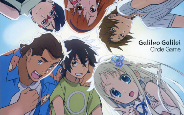 HD anime wallpaper from Anohana featuring the main characters in a circular group pose, looking down towards the viewer with bright blue sky in the background.
