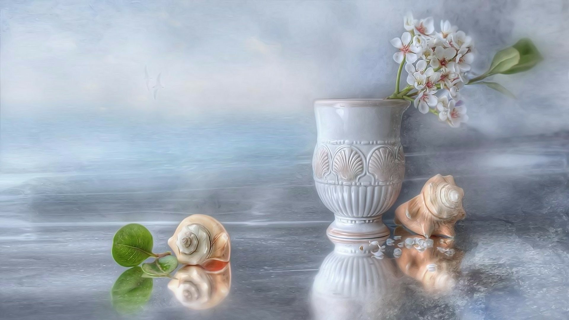 Download Flower Vase Shell Artistic Still Life HD Wallpaper