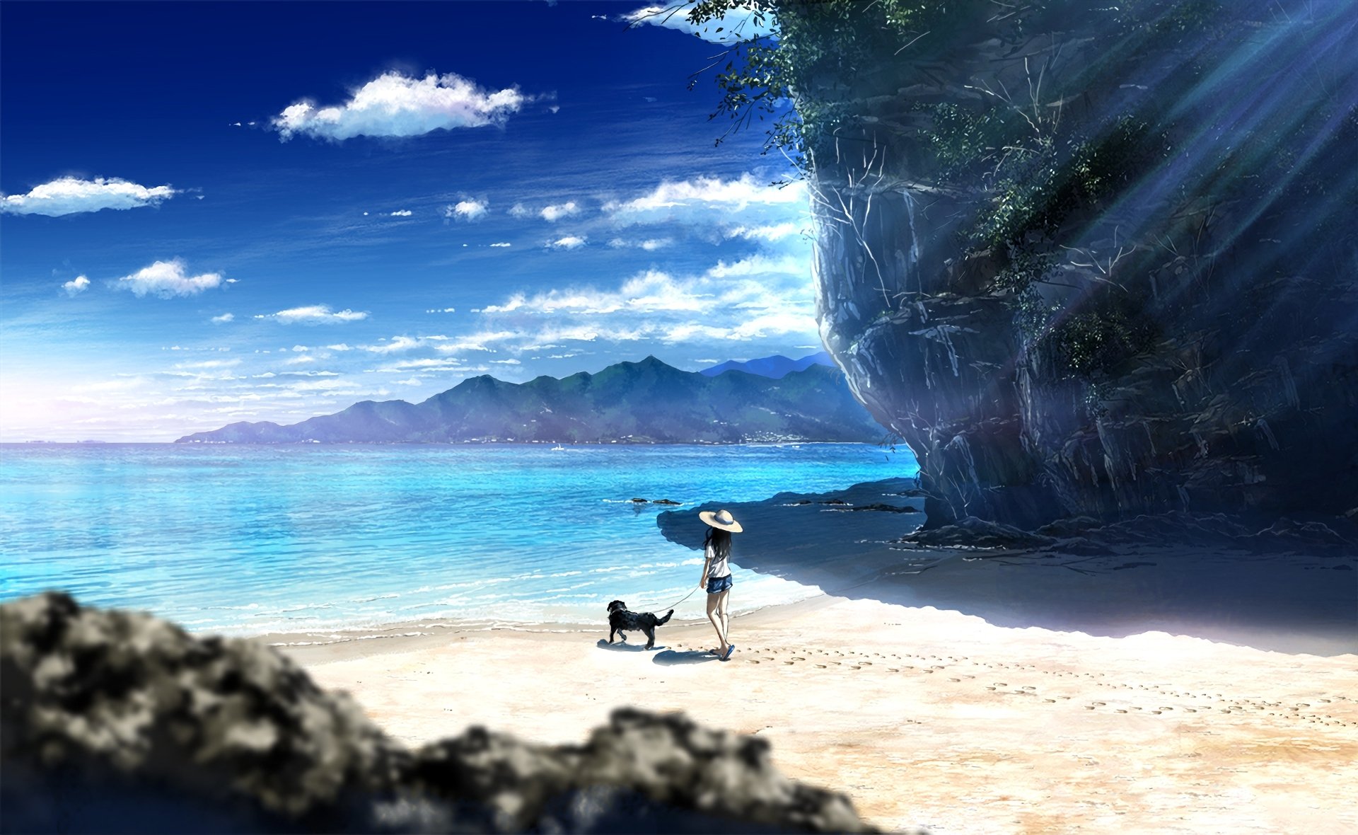A serene anime landscape featuring a person and a dog walking along a tranquil beach with clear blue water, mountains in the distance, and a bright sky, designed as a HD desktop wallpaper.