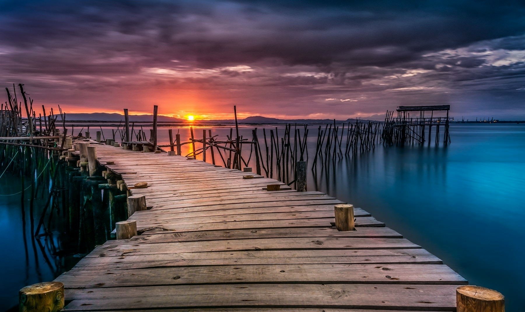 Download Cloud Sunset Lake Man Made Pier Wallpaper