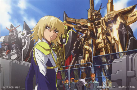 HD PC desktop wallpaper/background of Mobile Suit Gundam Seed Destiny: blond pilot in uniform stands on a carrier deck before a gleaming gold mobile suit, other mecha and crew visible behind.