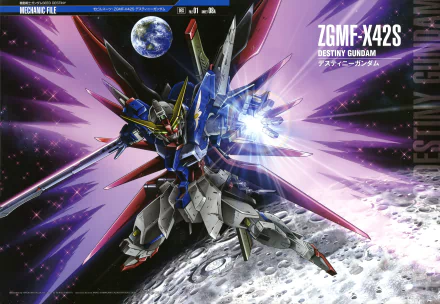 4K Ultra HD anime wallpaper featuring the ZGMF-X42S Destiny Gundam from Mobile Suit Gundam Seed Destiny, set against a vivid space background with Earth and the moon.