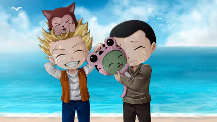 Anime characters Lector, Frosch, Rogue Cheney, and Sting Eucliffe from *Fairy Tail* enjoy a cheerful moment at the beach, surrounded by vibrant blue waters and sunny skies.