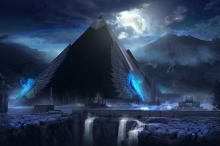 A fantasy depiction of an Egyptian pyramid at night, illuminated by the moon, surrounded by dark mountains and cascading waterfalls, creating a mystical atmosphere.