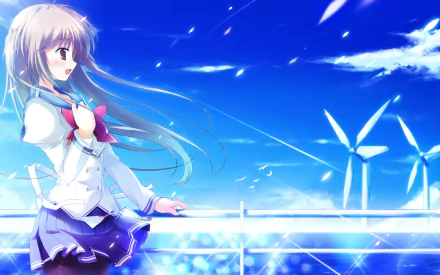 Anime-style original HD PC desktop wallpaper featuring a girl with long hair standing by a railing under a vibrant blue sky with wind turbines in the background.