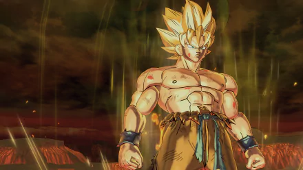 A high-definition wallpaper featuring Goku from Dragon Ball Xenoverse 2, showcasing his Super Saiyan form in a dramatic, fiery setting.