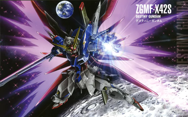 4K Ultra HD anime wallpaper featuring the ZGMF-X42S Destiny Gundam from Mobile Suit Gundam Seed Destiny, set against a vivid space background with Earth and the moon.