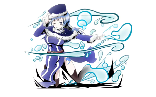 Juvia Lockser from the anime Fairy Tail is depicted in this vibrant HD wallpaper, showcasing her water magic with dynamic blue swirls and a striking outfit.