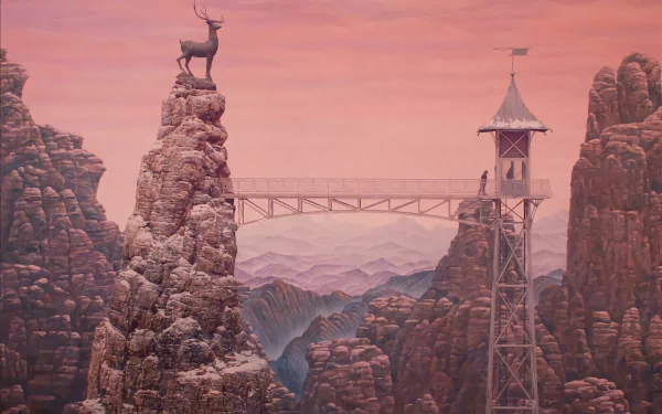 HD desktop wallpaper of a deer statue atop a rocky mountain peak with a tower and bridge, inspired by the movie The Grand Budapest Hotel.