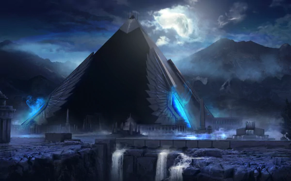 A fantasy depiction of an Egyptian pyramid at night, illuminated by the moon, surrounded by dark mountains and cascading waterfalls, creating a mystical atmosphere.